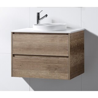 Dark Oak Brown Timber Look Vanity with Stone Top & Round Half Insert Ceramic Basin 750 x 465 x 640mm