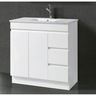 White gloss 2PAC Vanity Ceramic Top, 1 or 3 tap holes, centre bowl or offset bowl 900 x 465 x 900mm