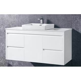 White Gloss 2Pac Wall Hung Fingerpull Vanity 1200mm with Stone Top & Above Counter Ceramic Basin Size: 1200 x 465 x 660mm