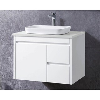 Wall Hung Vanity 750mm White Gloss 2Pac with Stone Top & Rectangle Half Insert Ceramic Basin 750 x 465 x 590mm