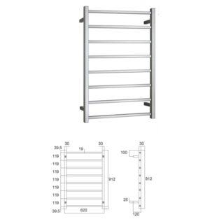 Heated Towel Rail Ladder 8 Square Rung Concealed Wiring 912h*620w*120d