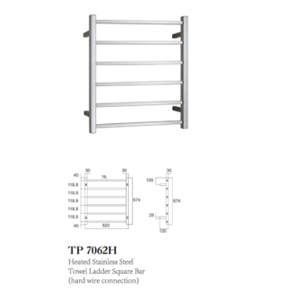 Heated Towel Rail Ladder 6 Square Rung Concealed Wiring 620w*674h*120d