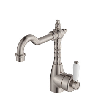 ELEANOR Basin Mixer with Shepherds Crook Brushed Nickel White Handle LF
