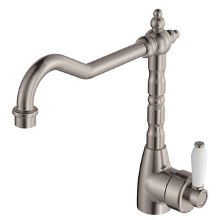 ELEANOR Shepherds Crook Kitchen Sink Mixer Brushed Nickel White Handle LF