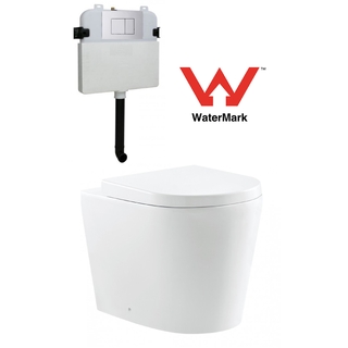 Ceramic Rimless Toilet Suite Pan In Wall Concealed Cistern Button & Soft Close Seat. WELS & Watermark