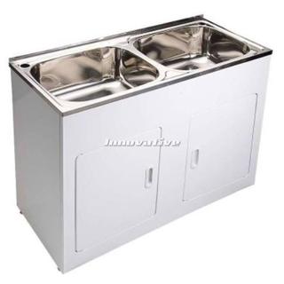 Dual Double Laundry Trough Sink & Cabinet White Metal 2x45 Litre Stainless Steel NEW
