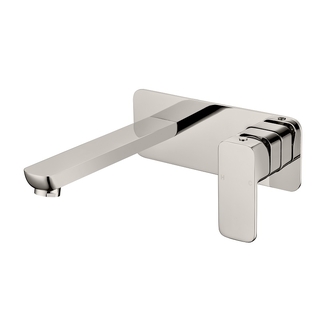 Brushed Nickel Square Radius Edge Basin Bath Wall Mixer & 220mm Spout H/Duty Brass Satin Finish Swivel Ceramic Disk WELS 4*