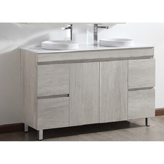Ash Timber Look 1500mm Floor Vanity Ash Timber Look with Stone Top & Double Round Half Insert Ceramic Basin 1500*465*950mm