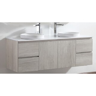500mm Wall Hung Vanity Ash Timber Look with Stone Top & Double Round Half Insert Ceramic Basin 1500*465*640mm