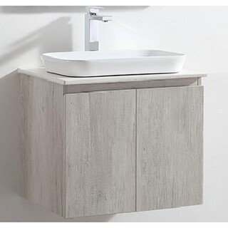Wall Hung Vanity Ash Timber Look  600mm with Stone Top & Rectangle Half Insert Ceramic Basin 600 x 465 x 580mm