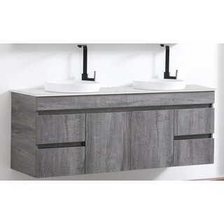 Timber look wall hung vanity- Forest Grey 1500*465*640mm OSTU stone top with double round basins