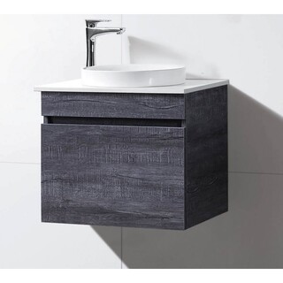 Wall Hung Vanity Grey Timber Look  600mm  Vanity with Stone Top & Round Half Insert Ceramic Basin 600 x 465 x 580mm