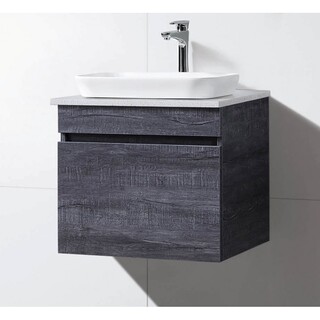 Wall Hung Vanity Grey Timber Look Vanity 600mm with Stone Top & Rectangle Half Insert Ceramic Basin 600 x 465 x 590mm