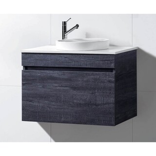Wall Hung Vanity Grey Timber Look  750mm with Stone Top & Round Half Insert Ceramic Basin 750 x 465 x 580mm