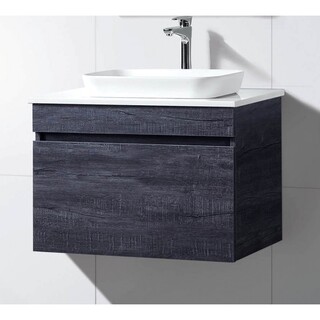 Wall Hung Vanity Grey Timber Look  750mm with Stone Top & Rectangle Half Insert Ceramic Basin Vanity 750 x 465 x 590mm