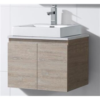 Wall Hung Light Oak Brown Timber Look Vanity  with Stone Top & Above Counter Ceramic Basin 600 x 465 x 600mm