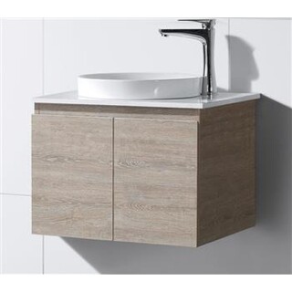 Wall Hung Light Oak Brown Timber Look Vanity with Stone Top & Round Half Insert Ceramic Basin 600 x 465 x 580mm