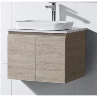 Wall Hung Light Oak Brown Timber Look Vanity with Stone Top & Rectangle Half Insert Ceramic Basin 600 x 465 x 590mm