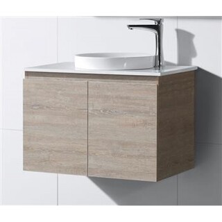 Wall Hung Light Oak Brown Timber Look  Vanity 750mm with Stone Top & Round Half Insert Ceramic Basin 750 x 465 x 580mm