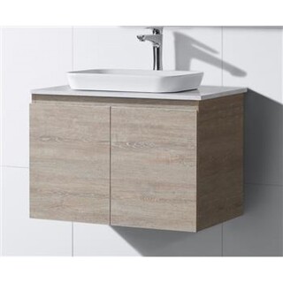 Wall Hung Light Oak Brown Timber Look Vanity 750mm with Stone Top & Rectangle Half Insert Ceramic Basin  750 x 465 x 590mm