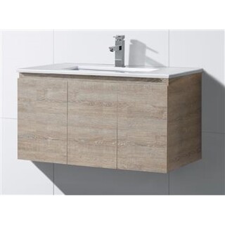 Light Oak Brown Timber look wall hung vanity with Ceramic Under Mount Basin 900 x 465 x 520mm