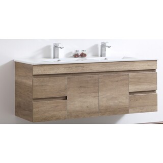 Timber look wall hung vanity - Dark walnut 1500*465*580mm Double bowl ceramic top