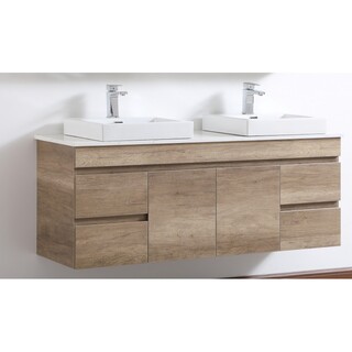 Timber look wall hung vanity - Dark walnut 1500*465*670mm OSTA Stone with double Above Counter basin
