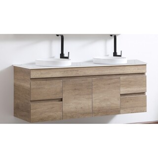  Timber look wall hung vanity - Dark walnut 1500*465*650mm OSTA Stone with double round half insert basin