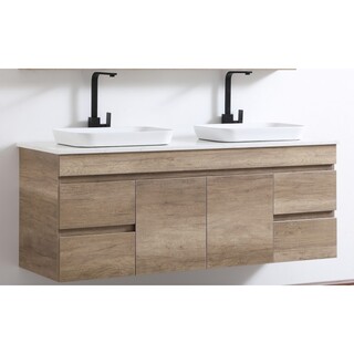 Timber look wall hung vanity - Dark walnut 1500*465*650mm OSTA Stone with double rectangle Half Insert basin
