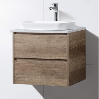 Dark Oak Brown Timber Look Vanity with Stone Top & Rectangle Half Insert Ceramic Basin 600 x 465 x 650mm