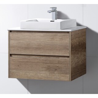 Dark Oak Brown Timber Look Vanity with Stone Top & Above Counter Ceramic Basin 750 x 465 x 660mm
