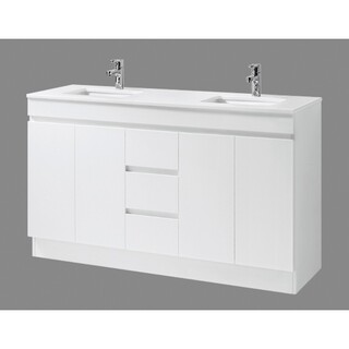 White gloss 2PAC Floor Vanity Onyx Top, double bowls  Size: 1500 x 485 x 880mm