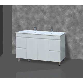 White gloss 2PAC Vanity with  legs Ceramic Top, Single or double dowls, 1 tap hole Size: 1500 x 465 x 900mm