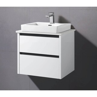 Wall Hung Vanity White Gloss 2Pac with Stone Top & Above Counter Ceramic Basin Shadow line 600 x 465 x 660mm Soft close U shape drawers