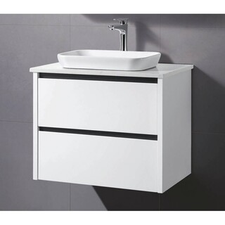 Black Shadow 750mm Wall Hung Vanity White Gloss 2Pac with Stone Top & Rectangle Half Insert Ceramic Basin 750 x 465 x 650mm
