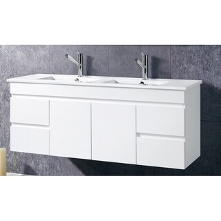 Wall Hung Vanity 1500mm White Gloss 2PacD Vanity Ceramic Top, Double bowl, 1 tap hole Size: 1500 x 465 x 580mm