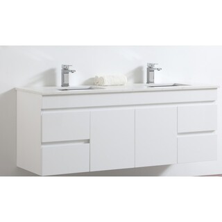 White gloss 2PAC wall hung vanity Marble Look stone top with double basins Size: 1500 x 465 x 580mm
