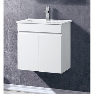 Slimline Vanity White gloss 2PAC wall hung cabinet with soft close doors Ceramic Top 600 x 330 x 560mm
