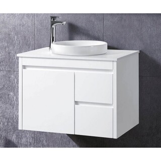WD750 Wall Hung Vanity 750mm White Gloss 2Pac with Stone Top & Round Half Insert Ceramic Basin  Size: 750 x 465 x 580mm