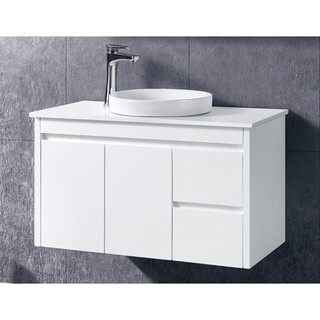  White gloss 2PAC wall hung vanity Stone top + Above counter basin 900 x 465 x 580mm?
