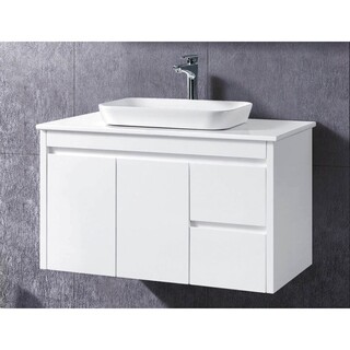  White gloss 2PAC wall hung vanity Stone top + Above counter basin 900 x 465 x 590mm?