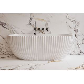 Back To Wall Matte White Bath Tub Modern Groove Fluted Ribbed Seashell Design 1500x750x580