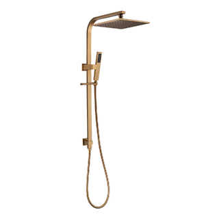 Brushed Yellow Gold Dual Hand and Rain Shower 250mm Cube Square Design on Rail Brass Single Hose