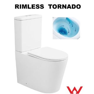 RIMLESS TORNADO Toilet Suite Back To Wall Ceramic Curve Design S&P Trap Soft Close Seat-440mm Easy Height