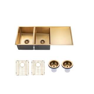 1160x460x230mm Brushed Yellow Gold 1.2mm Handmade Top/Undermount Double Bowls Kitchen Sink